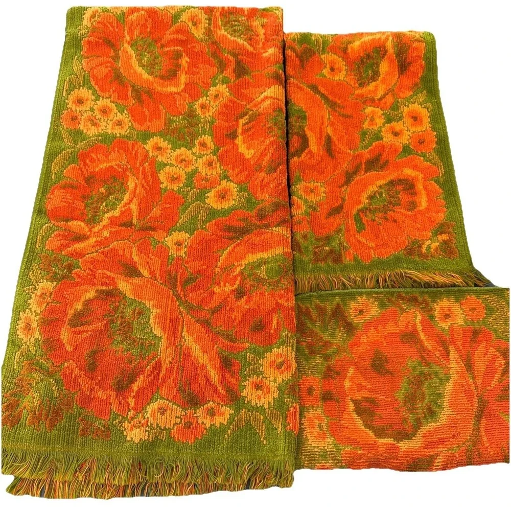VTG Fieldcrest Orange Green Poppies 3 Towel Set Bath, Hand Towel and Washcloth